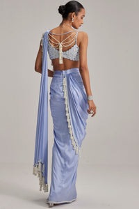 Dew Blue Satin Draped Saree Set