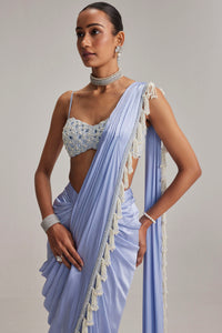 Dew Blue Satin Draped Saree Set