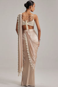 Light Beige Mirror & Pearl Draped Saree Set