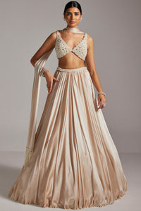 Light Beige V-Neck Satin Skirt Set