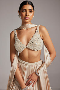 Light Beige V-Neck Satin Skirt Set