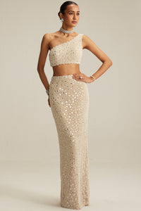 Light Beige One Shoulder Pencil Skirt Set