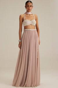 Ash Pink Georgette Skirt with Halter Blouse & Stole