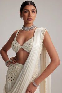 Pearl White Satin Draped Saree Set