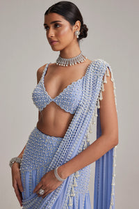 Dew Blue Linear Mirror Saree Set