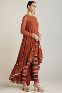 Rust Asymmetrical Kurta Pant Set