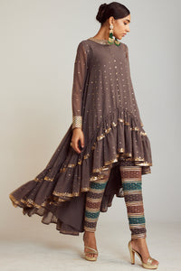 Charcoal Grey Asymmetrical Kurta Pant Set