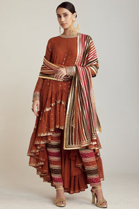 Rust Round Neck Asymmetrical Kurta Pant Set