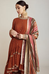Rust Round Neck Asymmetrical Kurta Pant Set