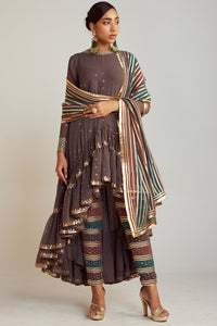 Charcoal Grey Round Neck Asymmetrical Kurta Pant Set