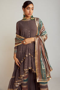 Charcoal Grey Round Neck Asymmetrical Kurta Pant Set