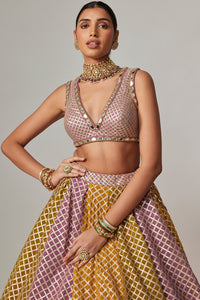 Mustard Multicolour Crop Top Lehenga Set