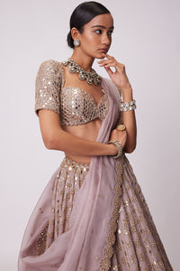 Ash Pink Mirror Flower Lehenga Set