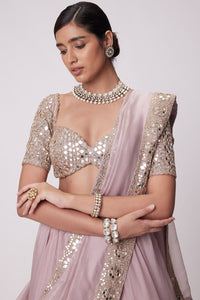 Ash Pink Flower Organza Lehenga Set