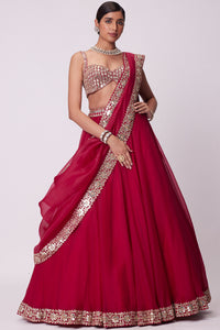 Crimson Red Organza Hand Embroidered Lehenga Set