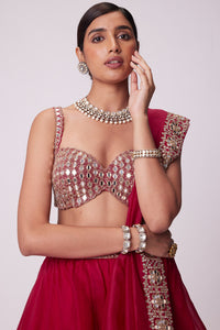 Crimson Red Organza Hand Embroidered Lehenga Set