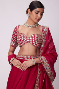 Crimson Red Organza Mirror Lehenga Set