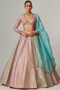 Dark Blush Metallic Lehenga Set with Aqua Dupatta