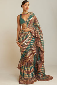 Pre Draped Mud Green Multicolor Saree Set