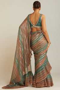 Pre Draped Mud Green Multicolor Saree Set