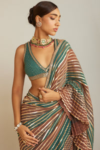 Pre Draped Mud Green Multicolor Saree Set