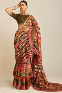 Pre Draped Olive Green Multicolor Saree Set