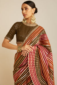 Pre Draped Olive Green Multicolor Saree Set