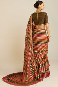 Pre Draped Olive Green Multicolor Saree Set