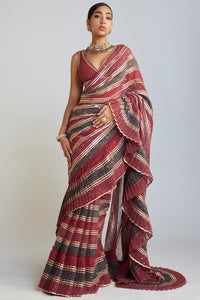 Pre Draped Charcoal Grey Multicolor Saree Set