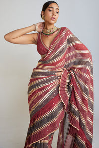 Pre Draped Charcoal Grey Multicolor Saree Set
