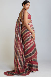 Pre Draped Charcoal Grey Multicolor Saree Set