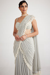 Powder Grey Chandelier Pearl Drop Saree Set