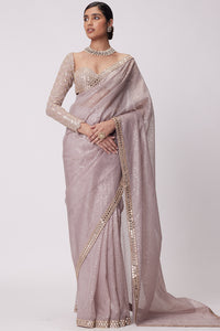 Ash Pink Hand Embroidered Organza Saree Set