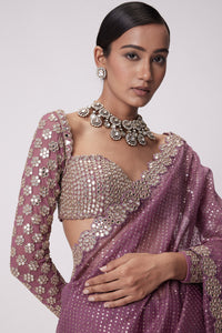 Mud Mauve Hand Embroidered Saree Set