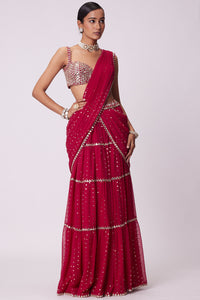 Crimson Red Multi-Tier Sequin Embroidered Saree Set
