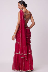 Crimson Red Multi-Tier Sequin Embroidered Saree Set