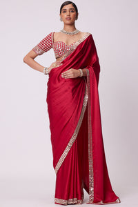 Crimson Red Satin Mirror Embroidered Saree Set