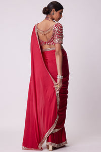Crimson Red Satin Mirror Embroidered Saree Set