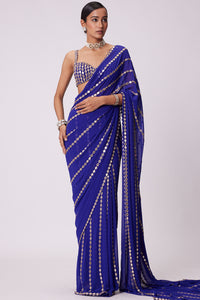Persian Blue Linear Embroidered Saree Set