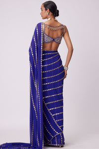 Persian Blue Linear Embroidered Saree Set