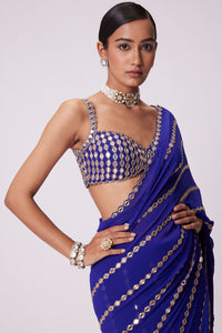 Persian Blue Linear Embroidered Saree Set