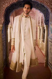Beige Zardosi Ivory Gold Matka Silk Sherwani Set