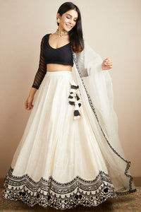 White and Black Raw Silk Lehenga Set