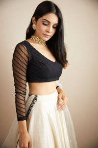 White and Black Raw Silk Lehenga Set