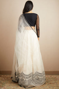 White and Black Raw Silk Lehenga Set