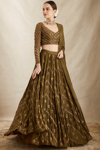 Parrot Green Chanderi Lehenga Set