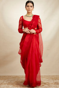 Red Organza Threadwork Saree