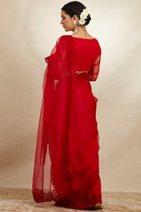 Red Organza Threadwork Saree