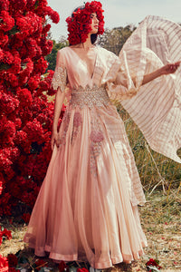 Champagne Organza Belted Anarkali Set