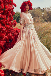 Champagne Organza Belted Anarkali Set